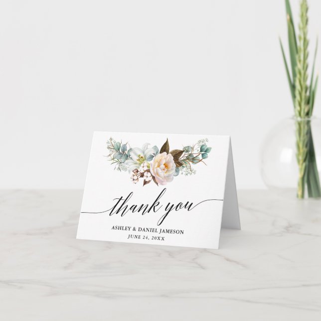 Tarjeta De Agradecimiento Boda de caligrafía floral botánica (Anverso)