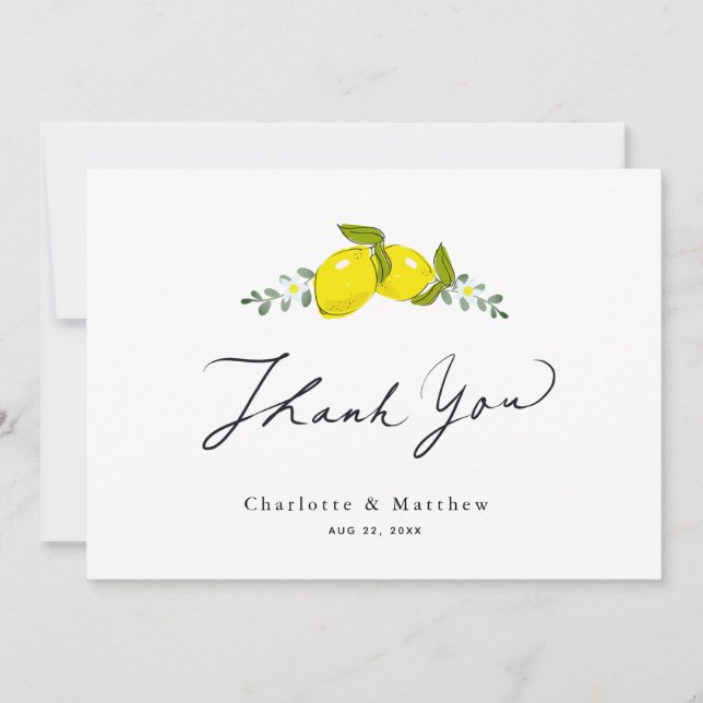 Tarjeta De Agradecimiento Boda de caligrafía floral de cítricos limón (Anverso)
