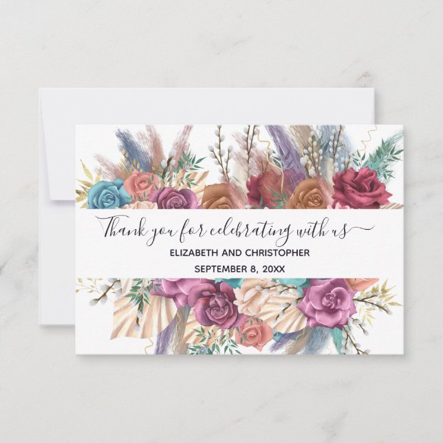 Tarjeta De Agradecimiento Boda de caligrafía floral rosa azul (Anverso)