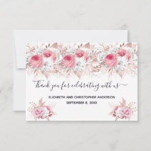 Tarjeta De Agradecimiento Boda de caligrafía floral rosa blanca oro