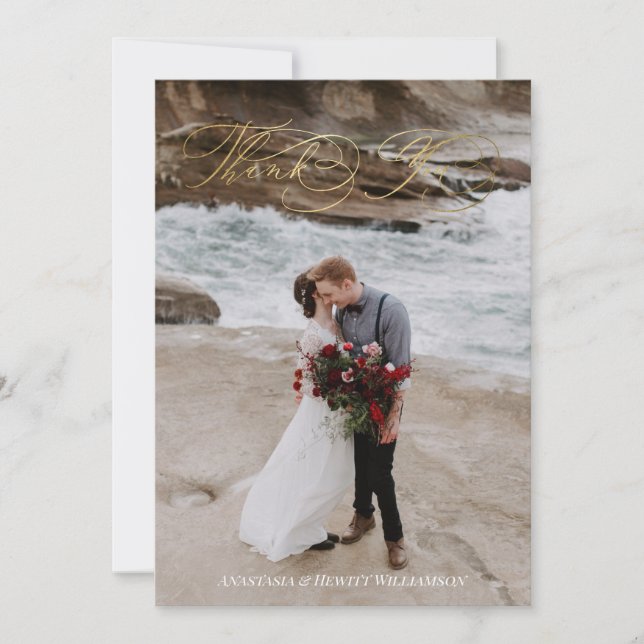 Tarjeta De Agradecimiento Boda de caligrafía floreciente gracias (Anverso)