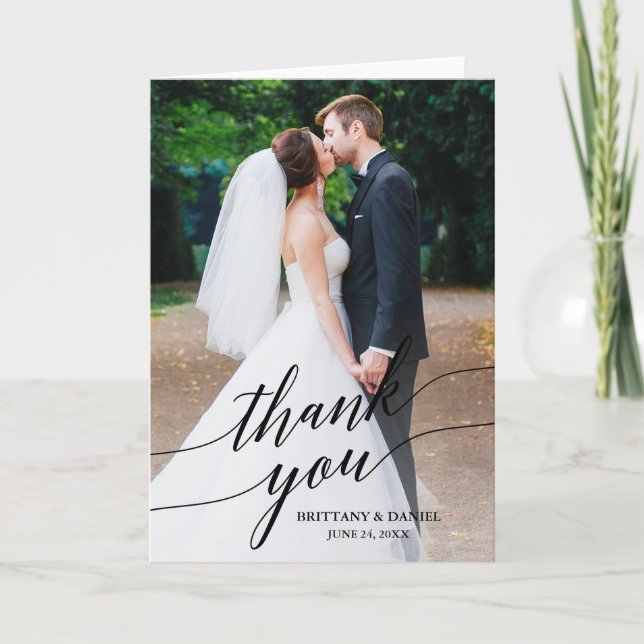 Tarjeta De Agradecimiento Boda de caligrafía fotografía superposición plegad (Anverso)