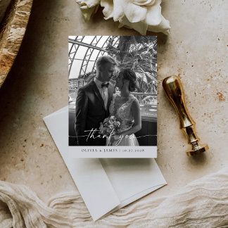 Tarjeta De Agradecimiento Boda de Caligrafía Fotográfica Minimalista Moderna