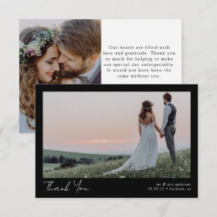 Tarjeta De Agradecimiento Boda de caligrafía fotográfica Minimalista negro 2