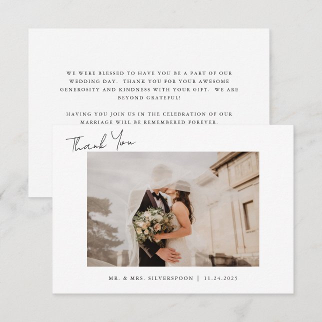Tarjeta De Agradecimiento Boda de caligrafía minimalista (Anverso / Reverso)