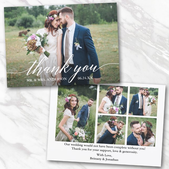Tarjeta De Agradecimiento Boda de caligrafía moderna Bride Groom 6 Foto (Customize to change your personalized text size or text style.)