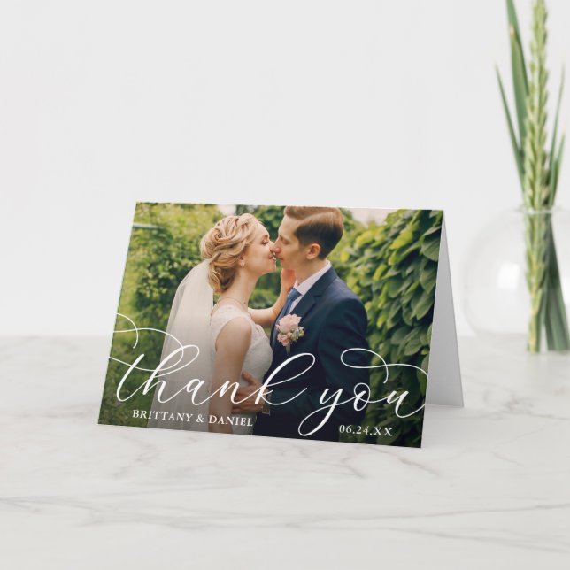 Tarjeta De Agradecimiento Boda de caligrafía moderna Doble foto doblada (Anverso)