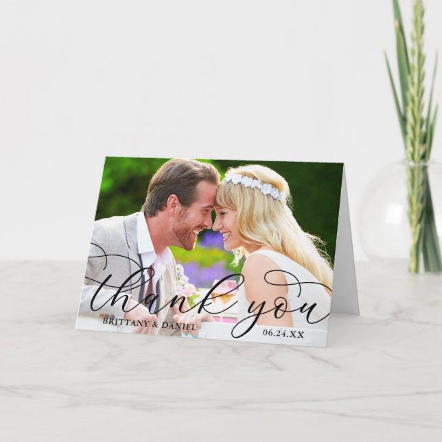 Tarjeta De Agradecimiento Boda de caligrafía moderna Doble foto plegada (Anverso)