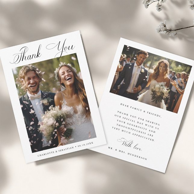 Tarjeta De Agradecimiento Boda de caligrafía romántica 2 Foto (Front & Back)