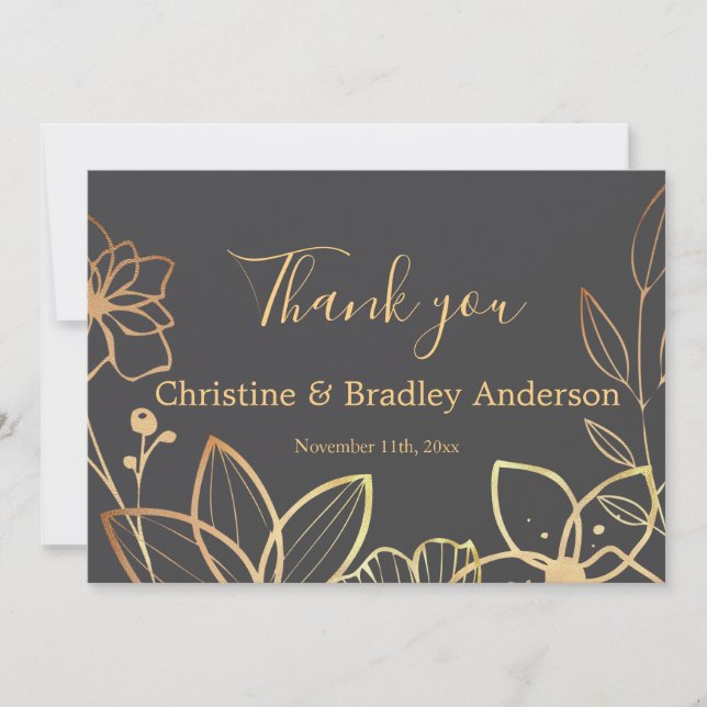 Tarjeta De Agradecimiento Boda de carbón vegetal y oro gracias (Anverso)