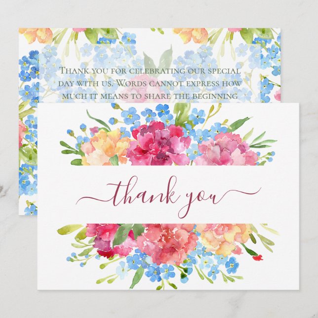 Tarjeta De Agradecimiento Boda de Carnations y Forget Me Nots (Anverso / Reverso)