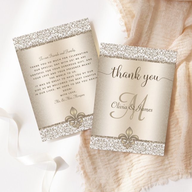 Tarjeta De Agradecimiento Boda de Champagne Monogram Fleur de Lis (Subido por el creador)