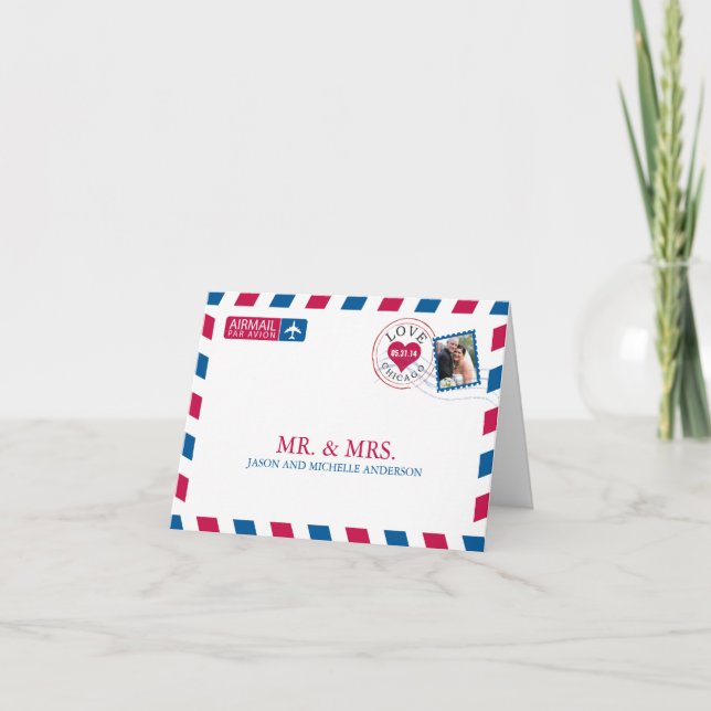 Tarjeta De Agradecimiento Boda de Chicago Airmail Gracias (Anverso)