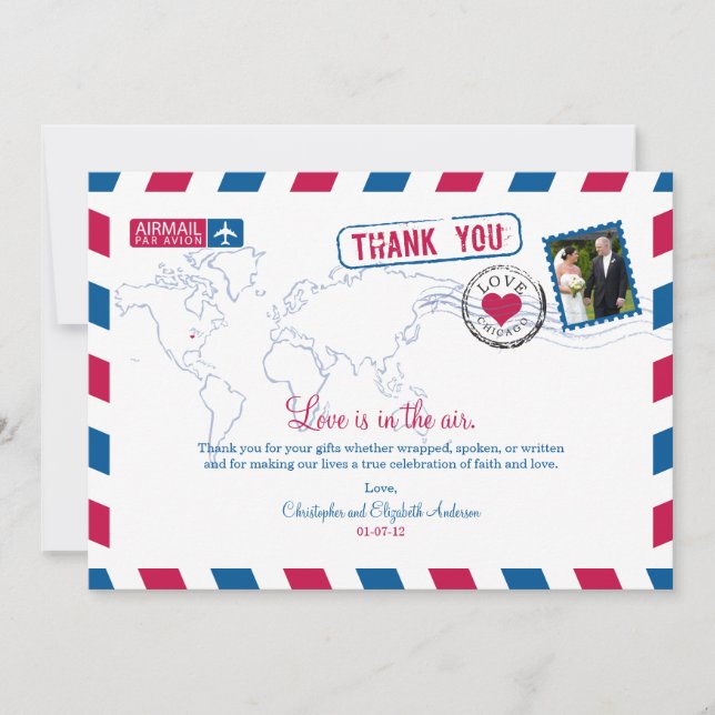 Tarjeta De Agradecimiento Boda de Chicago Airmail Gracias (Anverso)