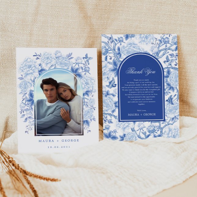 Tarjeta De Agradecimiento Boda de Chinoiserie azul elegante (Subido por el creador)