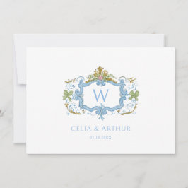 Tarjeta De Agradecimiento Boda de Cima Rococó Azul con Cresta de Monograma 