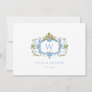 Tarjeta De Agradecimiento Boda de Cima Rococó Azul con Cresta de Monograma