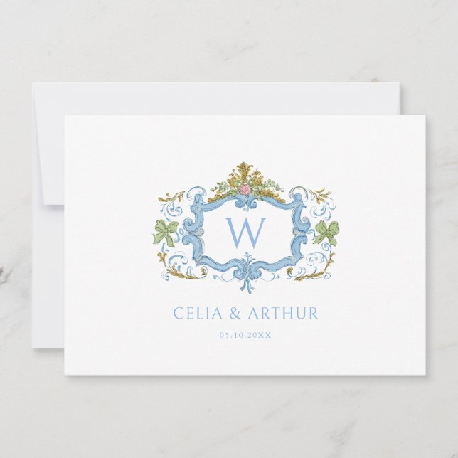 Tarjeta De Agradecimiento Boda de Cima Rococó Azul con Cresta de Monograma  (Anverso)