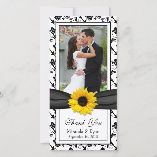 Tarjeta De Agradecimiento Boda De Cinta Floral De Girasol Negro Gracias (Anverso)