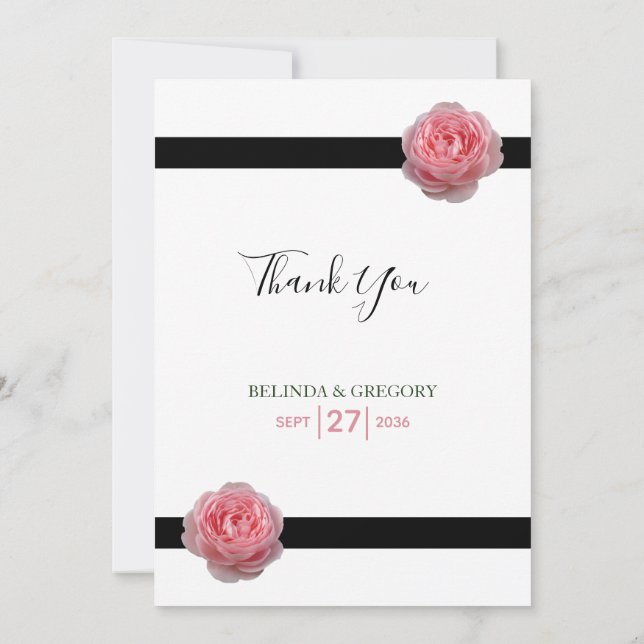 Tarjeta De Agradecimiento Boda de cinta negra rosa rosa (Reverso)