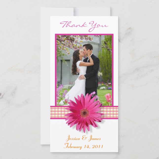 Tarjeta De Agradecimiento Boda De Cinta Pink Gerbera Daisy Plaid Gracias (Anverso)