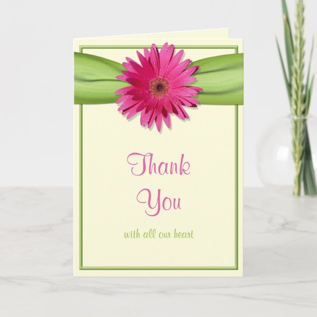 Tarjeta De Agradecimiento Boda de Cinta Verde Rosa Gerbera Daisy Gracias (Anverso)