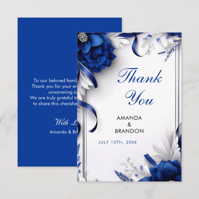 Tarjeta De Agradecimiento Boda de cintas de flores azules y plateadas de la  (Anverso / Reverso)