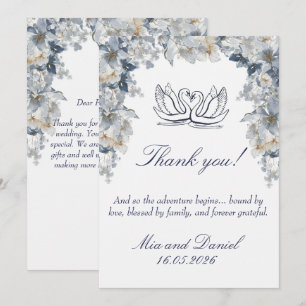 Tarjeta De Agradecimiento Boda de cisne elegante en blanco y azul polvorient