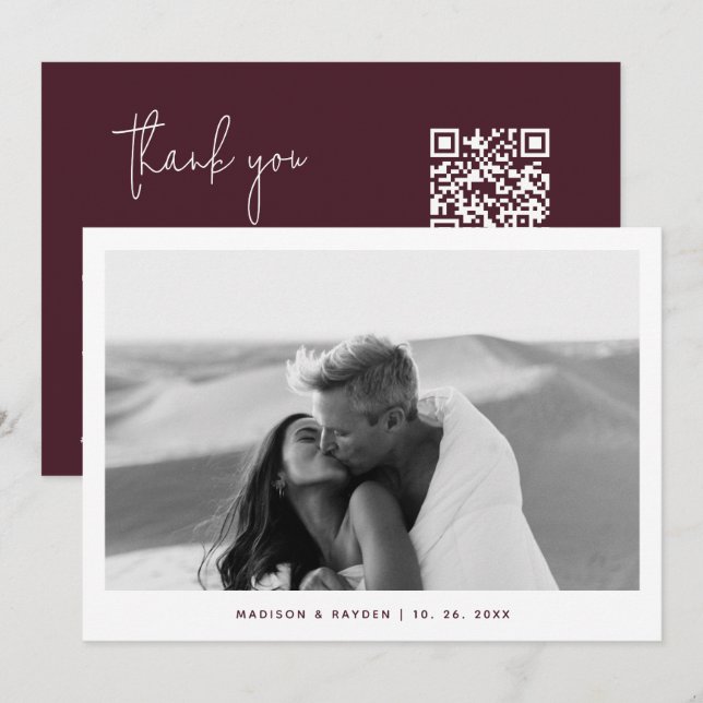 Tarjeta De Agradecimiento Boda de código QR de foto simple de Borgoña (Anverso / Reverso)