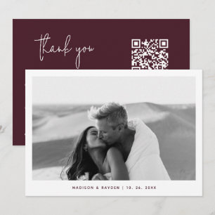 Tarjeta De Agradecimiento Boda de código QR de foto simple de Borgoña