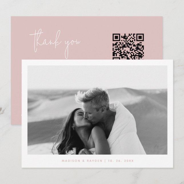 Tarjeta De Agradecimiento Boda de código QR de foto simple rosa Boho (Anverso / Reverso)