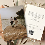 Tarjeta De Agradecimiento Boda de código QR de fotografía con guión moderno<br><div class="desc">Este boda le da las gracias por el diseño de su tarjeta con un moderno tipo de letra de guión de caligrafía, su foto de elección en la parte delantera y su mensaje personal en la parte posterior, así como un código QR personalizado que puede usar para enlazar a su...</div>