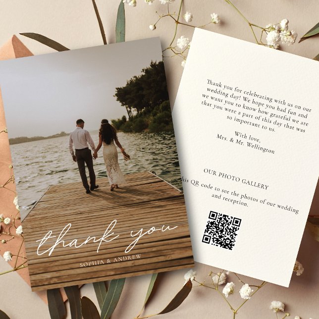 Tarjeta De Agradecimiento Boda de código QR de fotografía con guión moderno (Subido por el creador)