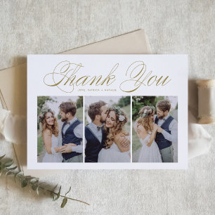 Tarjeta De Agradecimiento Boda de Colage de Tres Fotos con Guión Dorado