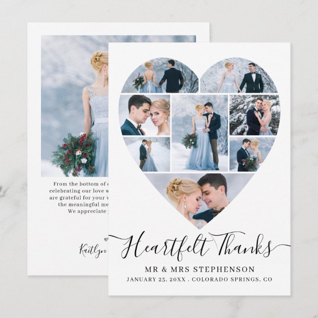 Tarjeta De Agradecimiento Boda de Collage de fotos cardíaco con guión modern (Anverso / Reverso)