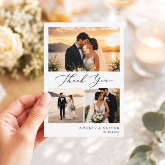 Tarjeta De Agradecimiento Boda de collage de fotos con guión minimalista