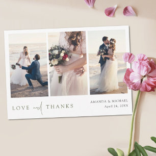 Tarjeta De Agradecimiento Boda de Collage de fotos de escritura verde simple