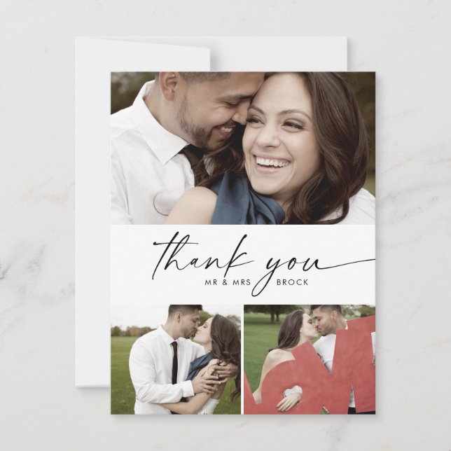 Tarjeta De Agradecimiento Boda de Collage de fotos de guión moderno 3  (Anverso)