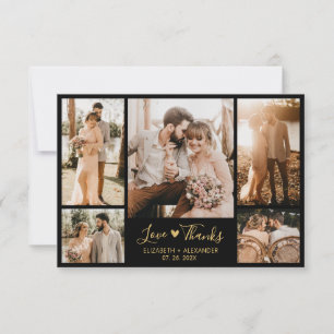 Tarjeta De Agradecimiento Boda de Collage de fotos de guiones negros y dorad