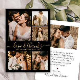 Tarjeta De Agradecimiento Boda de collage de fotos de oro negro Amor y agrad