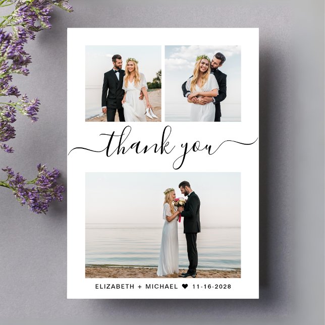 Tarjeta De Agradecimiento Boda de Collage de fotos de script de moda (Celebrate your love story with a thank you card showcasing your favorite wedding day photos)