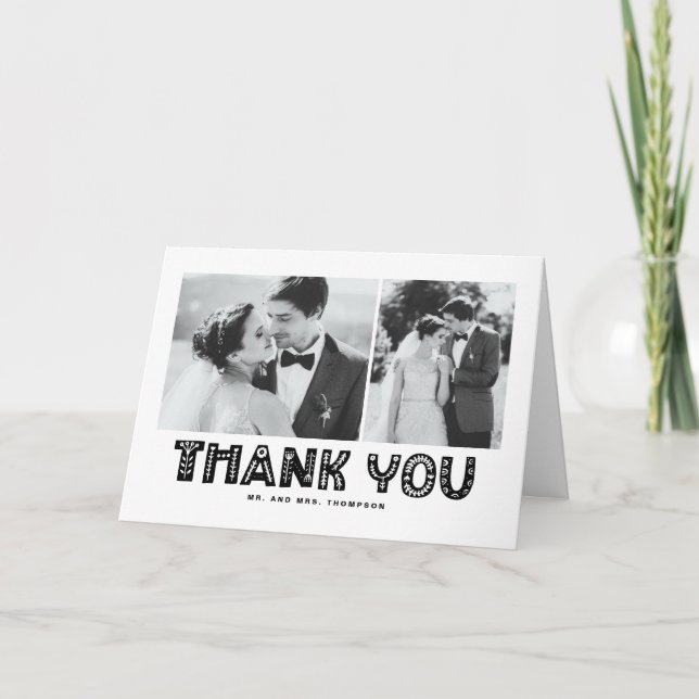 Tarjeta De Agradecimiento Boda de Collage de fotos escandinavo negro (Anverso)