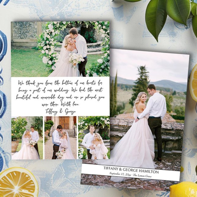 Tarjeta De Agradecimiento Boda de Collage de fotos manuscrito (Handwritten photo collage wedding thank you card by Darling & May)