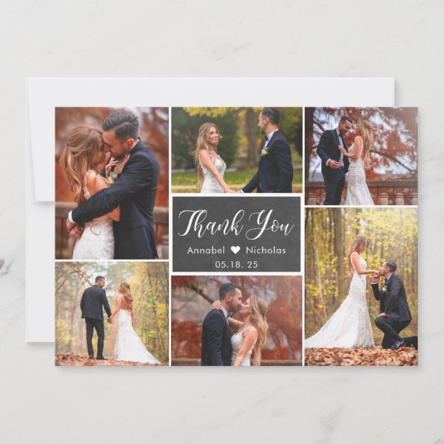 Tarjeta De Agradecimiento Boda de Collage de fotos Rustic Chalkboard Script  (Anverso)