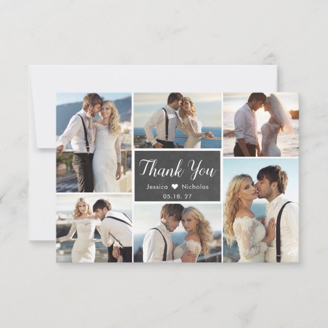 Tarjeta De Agradecimiento Boda de Collage de fotos Rustic Chalkboard Script  (Anverso)
