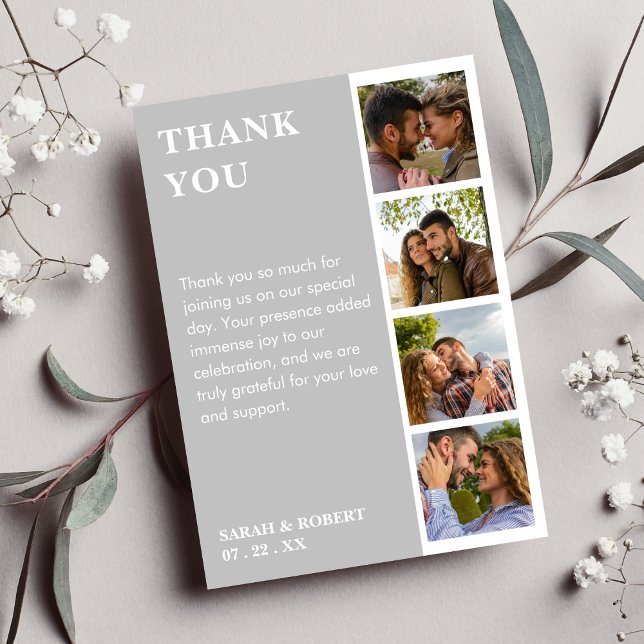 Tarjeta De Agradecimiento Boda De Collage Gris Y Blanco (Grey & White Photo Booth Collage Wedding Thank You Card)