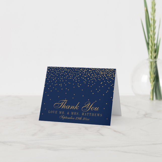 Tarjeta De Agradecimiento Boda de Confetti Navy Blue & Glam Gold Gracias (Anverso)