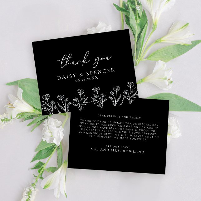Tarjeta De Agradecimiento Boda de contorno floral simple negro moderno plano (Subido por el creador)