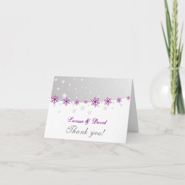 Tarjeta De Agradecimiento Boda de copos de nieve gris púrpura Gracias foto (Anverso)