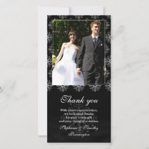 Tarjeta De Agradecimiento Boda de copos de nieve negros + blancos gracias fo